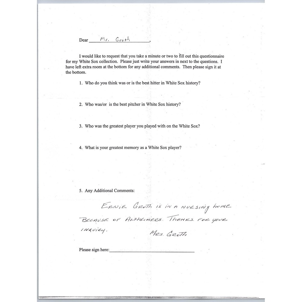 Ernie Groth Chicago White Sox Questionnaire Handwritten Note Mrs Groth 8x10